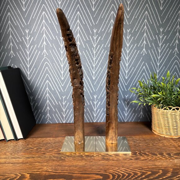 Vintage Hand Carved Wood Elephant Tusk Bookends or Sculptures on Brass Bases - Picture 6 of 17